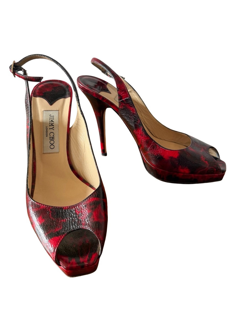 Jimmy Choo Red and Black Peep-Toe Slingback Stiletto Heels